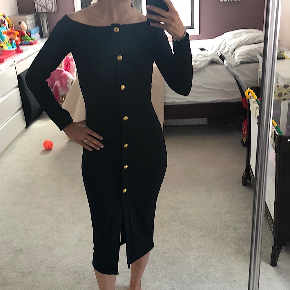 NWT Boohoo Off the Shoulder Black cocktail dress with gold buttons